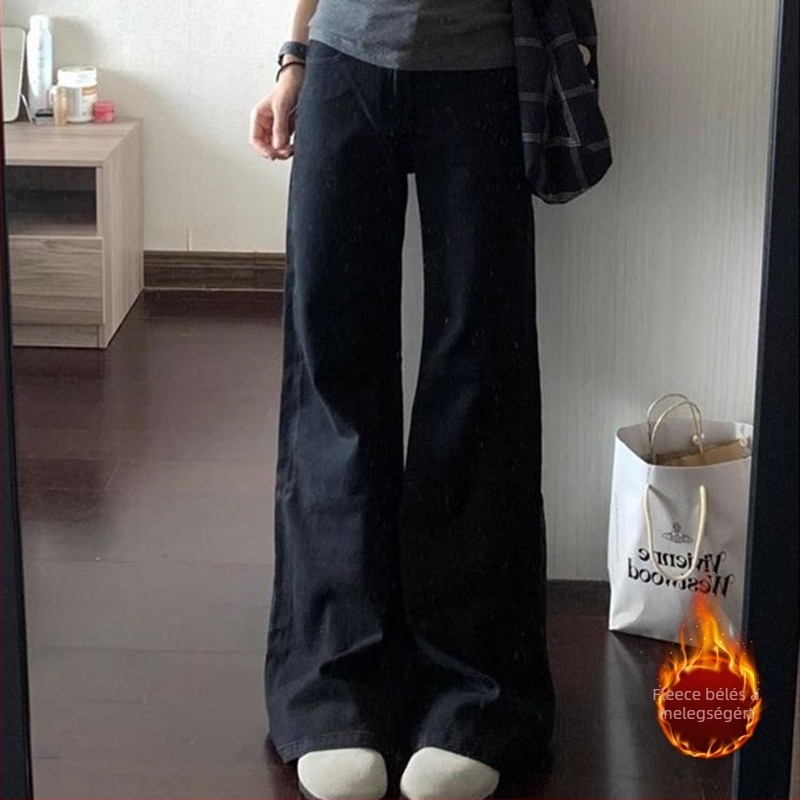 Fehér női bootcut farmer nadrág fleece-sel bélelt, őszi–téli, alacsony derekú, laza szabású, kis méretűeknek