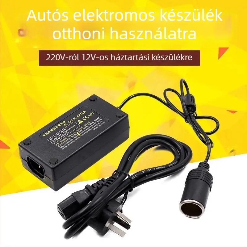 Autós áramerősítő 220V-ról 12V-ra DC, kimenetek 5A/6A/8A/10A, körülbelül 60W, alkalmas autóporszívóhoz és hűtőhöz