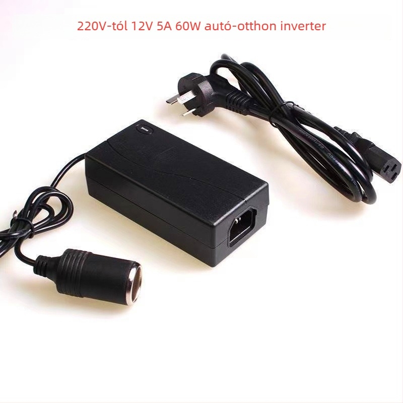 Autós áramerősítő 220V-ról 12V-ra DC, kimenetek 5A/6A/8A/10A, körülbelül 60W, alkalmas autóporszívóhoz és hűtőhöz