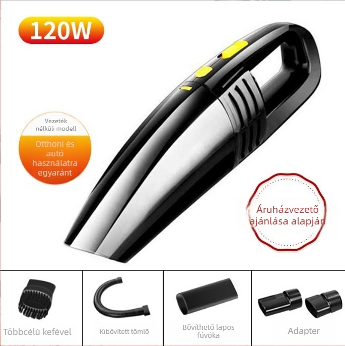 Autóba szerelhető mini porszívó – nedves és száraz funkcióval, 9000 Pa szívóerő, 12 V, 120 W, 450 cm hosszú kábel
