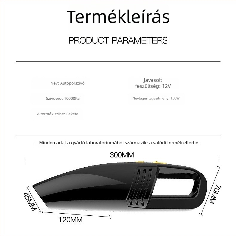 Autóba szerelhető mini porszívó – nedves és száraz funkcióval, 9000 Pa szívóerő, 12 V, 120 W, 450 cm hosszú kábel
