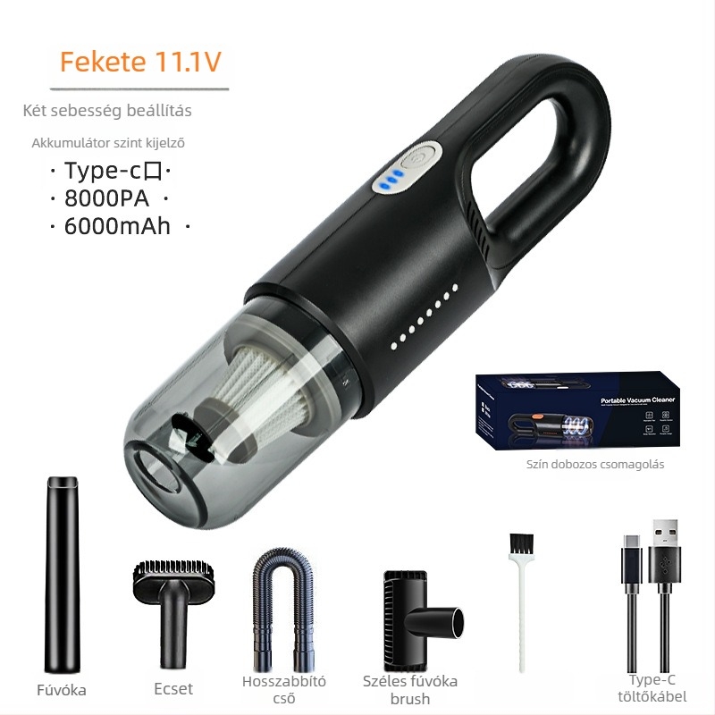 Vezeték nélküli porszívó autóhoz és otthonhoz – 110W, 7500 Pa szívás, 7,4/11,1 V, 35 perc akkumulátor-élettartam