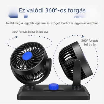 Kétfejű autóventilátor, 360° forgás, 12V/24V kompatibilitás, USB 5V interfész, modell F30, teljesítmény 120