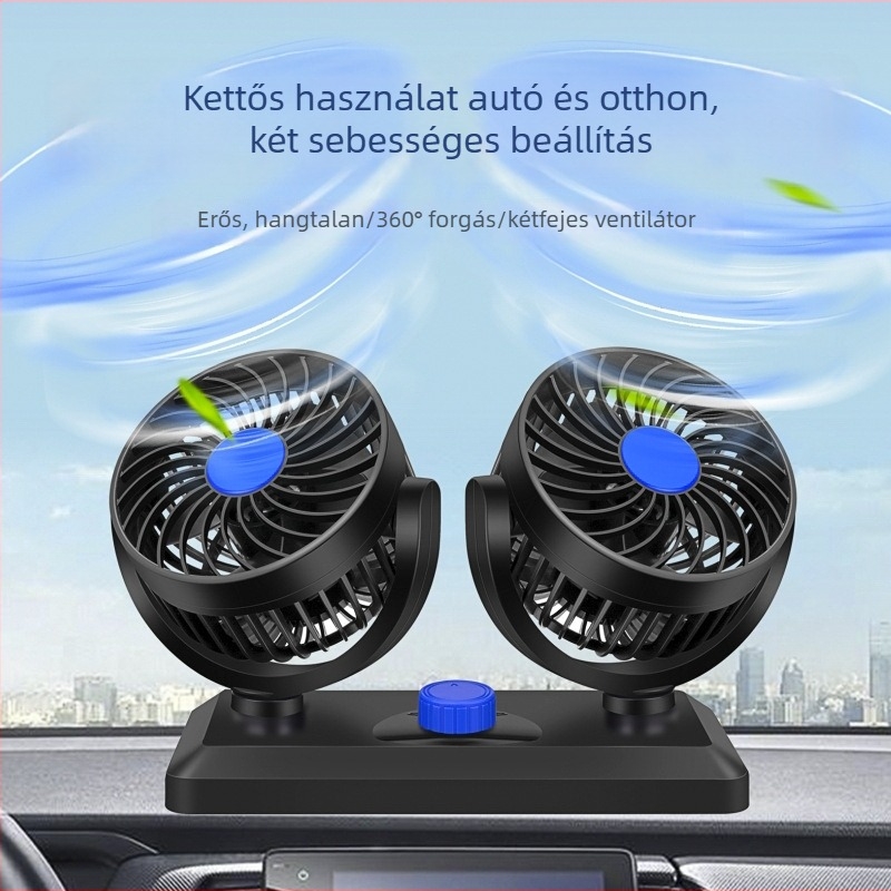 Kétfejű autóventilátor, 360° forgás, 12V/24V kompatibilitás, USB 5V interfész, modell F30, teljesítmény 120