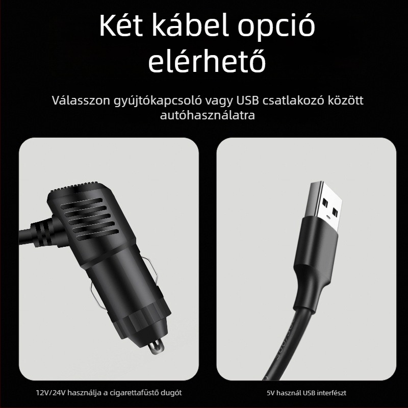 Kétfejű autóventilátor, 360° forgás, 12V/24V kompatibilitás, USB 5V interfész, modell F30, teljesítmény 120