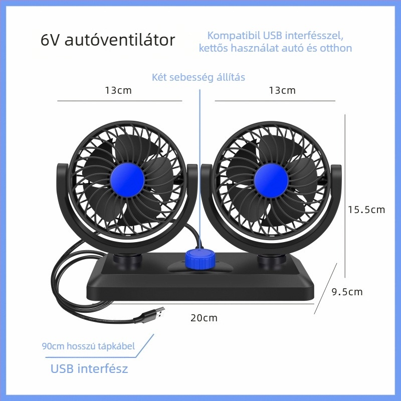 Kétfejű autóventilátor, 360° forgás, 12V/24V kompatibilitás, USB 5V interfész, modell F30, teljesítmény 120