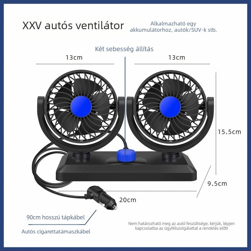 Kétfejű autóventilátor, 360° forgás, 12V/24V kompatibilitás, USB 5V interfész, modell F30, teljesítmény 120