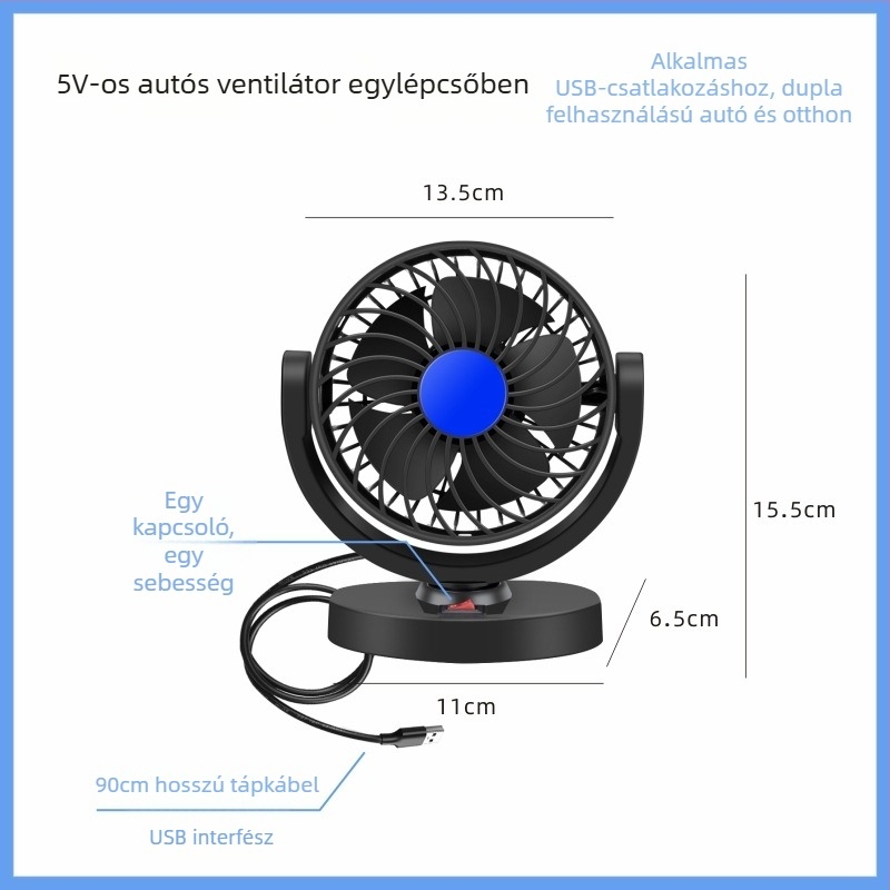 Kétfejű autóventilátor, 360° forgás, 12V/24V kompatibilitás, USB 5V interfész, modell F30, teljesítmény 120