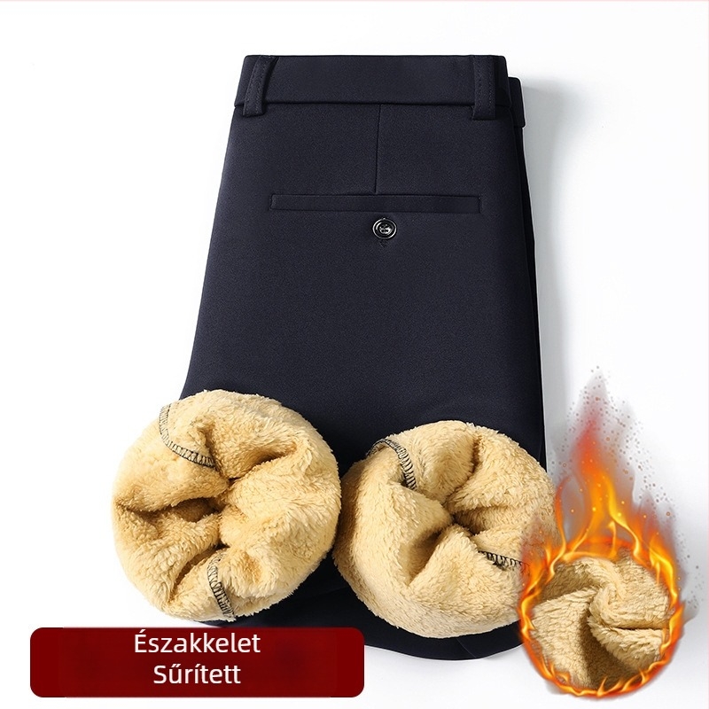 Férfi fleece-belelt nadrág, négyrészben rugalmas, egyenes szabású, középmagas derék, cipzárral záródó, pamut-elasztán keverék, téli mindennapi viselet