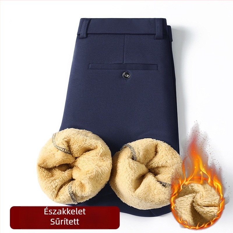 Férfi fleece-belelt nadrág, négyrészben rugalmas, egyenes szabású, középmagas derék, cipzárral záródó, pamut-elasztán keverék, téli mindennapi viselet