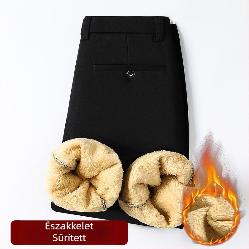 Férfi fleece-belelt nadrág, négyrészben rugalmas, egyenes szabású, középmagas derék, cipzárral záródó, pamut-elasztán keverék, téli mindennapi viselet