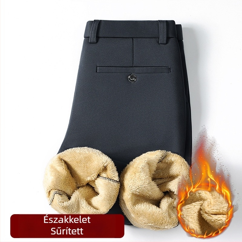 Férfi fleece-belelt nadrág, négyrészben rugalmas, egyenes szabású, középmagas derék, cipzárral záródó, pamut-elasztán keverék, téli mindennapi viselet