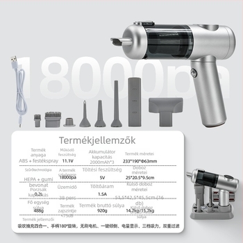 Vezeték nélküli hordozható kézi porszívó brushless motorral, 11.1V, 120W, 20000 Pa, 40 perc működés, 78 dB, otthonra és autóra, újratölthető