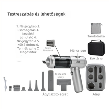 Vezeték nélküli hordozható kézi porszívó brushless motorral, 11.1V, 120W, 20000 Pa, 40 perc működés, 78 dB, otthonra és autóra, újratölthető