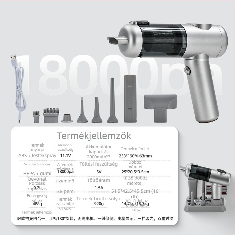 Vezeték nélküli hordozható kézi porszívó brushless motorral, 11.1V, 120W, 20000 Pa, 40 perc működés, 78 dB, otthonra és autóra, újratölthető