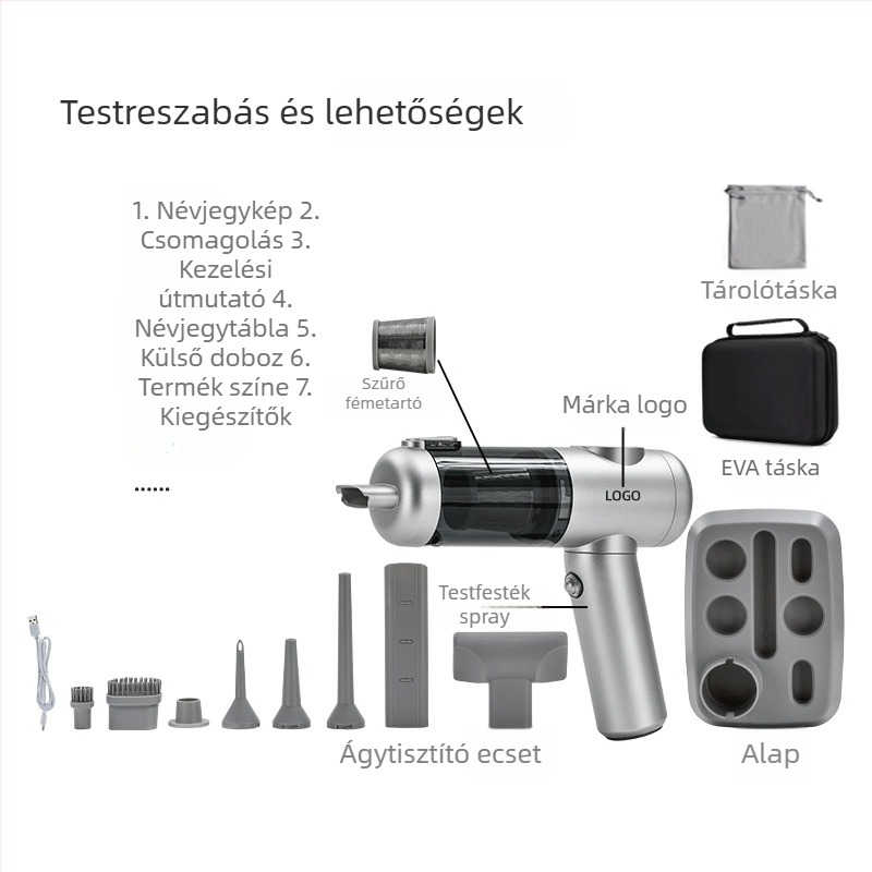 Vezeték nélküli hordozható kézi porszívó brushless motorral, 11.1V, 120W, 20000 Pa, 40 perc működés, 78 dB, otthonra és autóra, újratölthető