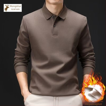 Egyszínű férfi polo felső fleece-béléssel, vastag, hosszú ujjú, pamut, középkorú férfiak számára