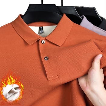 Egyszínű férfi polo felső fleece-béléssel, vastag, hosszú ujjú, pamut, középkorú férfiak számára