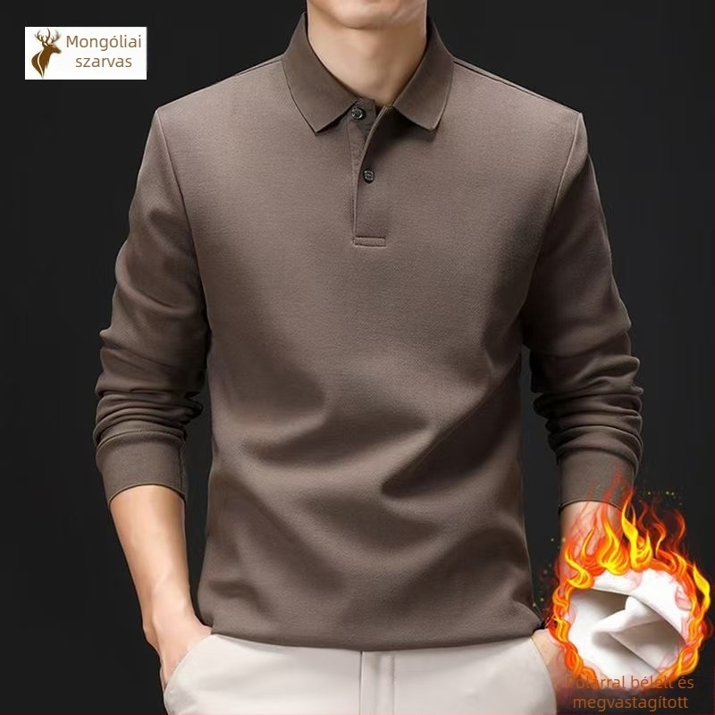 Egyszínű férfi polo felső fleece-béléssel, vastag, hosszú ujjú, pamut, középkorú férfiak számára