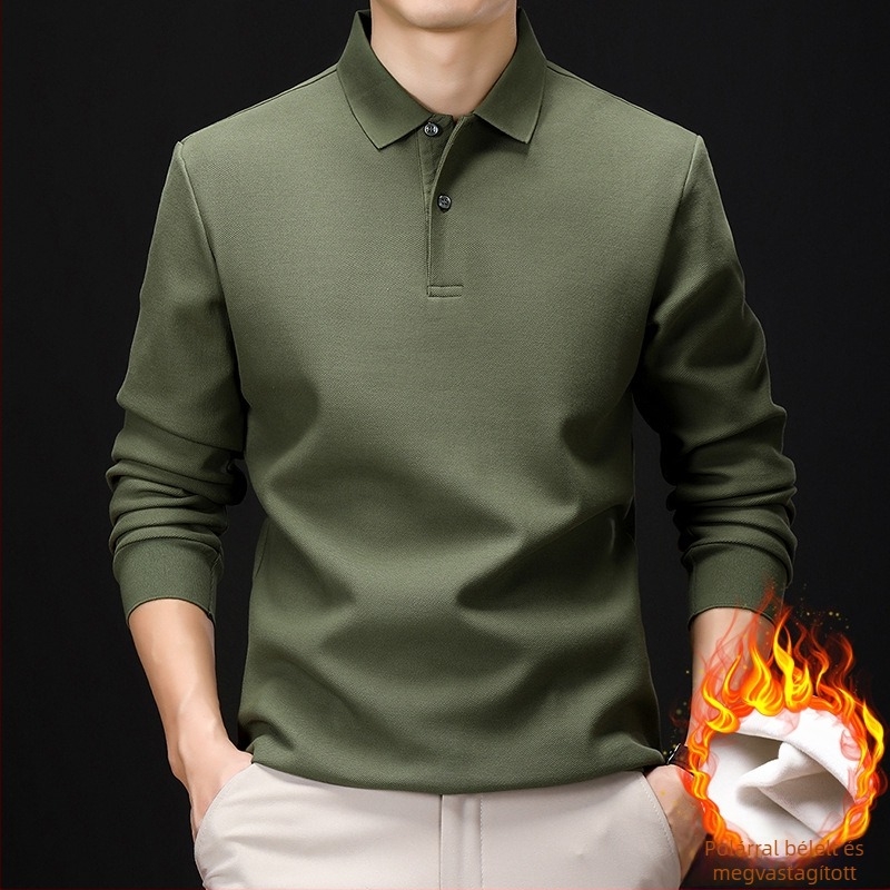 Egyszínű férfi polo felső fleece-béléssel, vastag, hosszú ujjú, pamut, középkorú férfiak számára