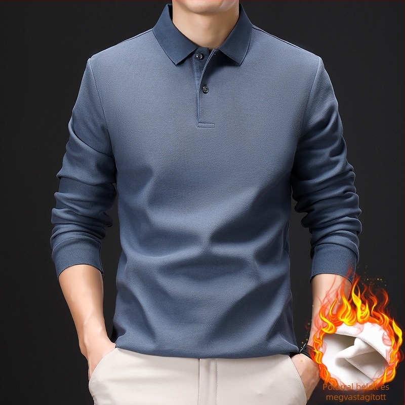 Egyszínű férfi polo felső fleece-béléssel, vastag, hosszú ujjú, pamut, középkorú férfiak számára