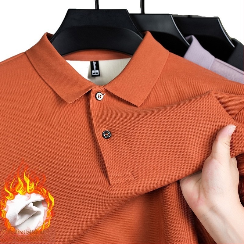 Egyszínű férfi polo felső fleece-béléssel, vastag, hosszú ujjú, pamut, középkorú férfiak számára