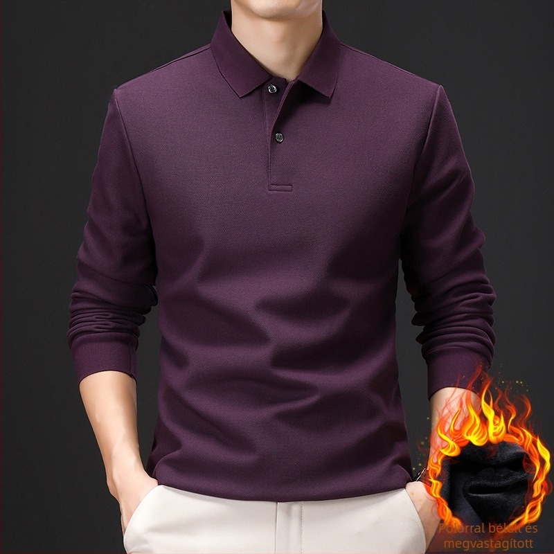 Egyszínű férfi polo felső fleece-béléssel, vastag, hosszú ujjú, pamut, középkorú férfiak számára