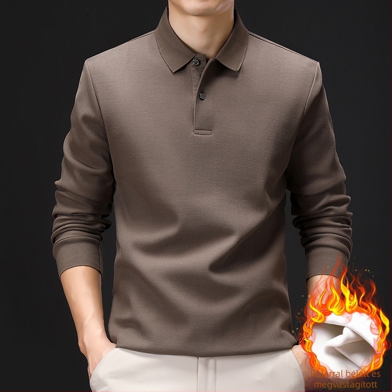 Egyszínű férfi polo felső fleece-béléssel, vastag, hosszú ujjú, pamut, középkorú férfiak számára