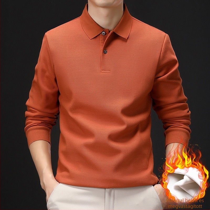Egyszínű férfi polo felső fleece-béléssel, vastag, hosszú ujjú, pamut, középkorú férfiak számára