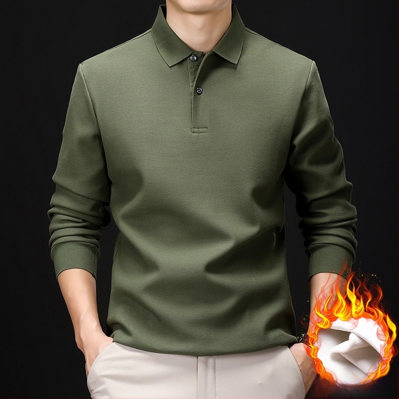 Egyszínű férfi polo felső fleece-béléssel, vastag, hosszú ujjú, pamut, középkorú férfiak számára