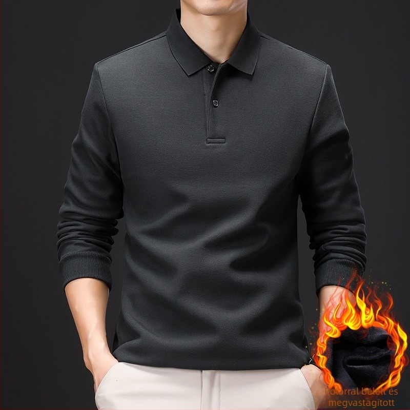 Egyszínű férfi polo felső fleece-béléssel, vastag, hosszú ujjú, pamut, középkorú férfiak számára