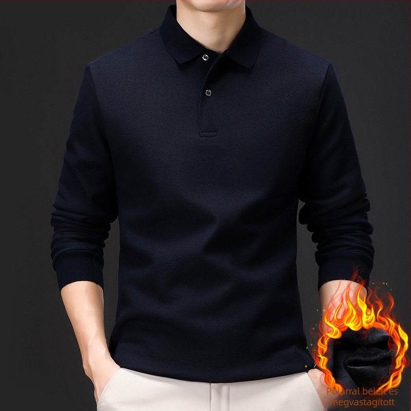 Egyszínű férfi polo felső fleece-béléssel, vastag, hosszú ujjú, pamut, középkorú férfiak számára