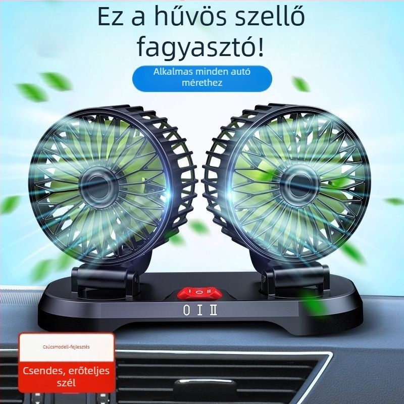 Kettős fejű autóventilátor, 12V vanokhoz, 24V teherautókhoz, USB hűtőventilátor