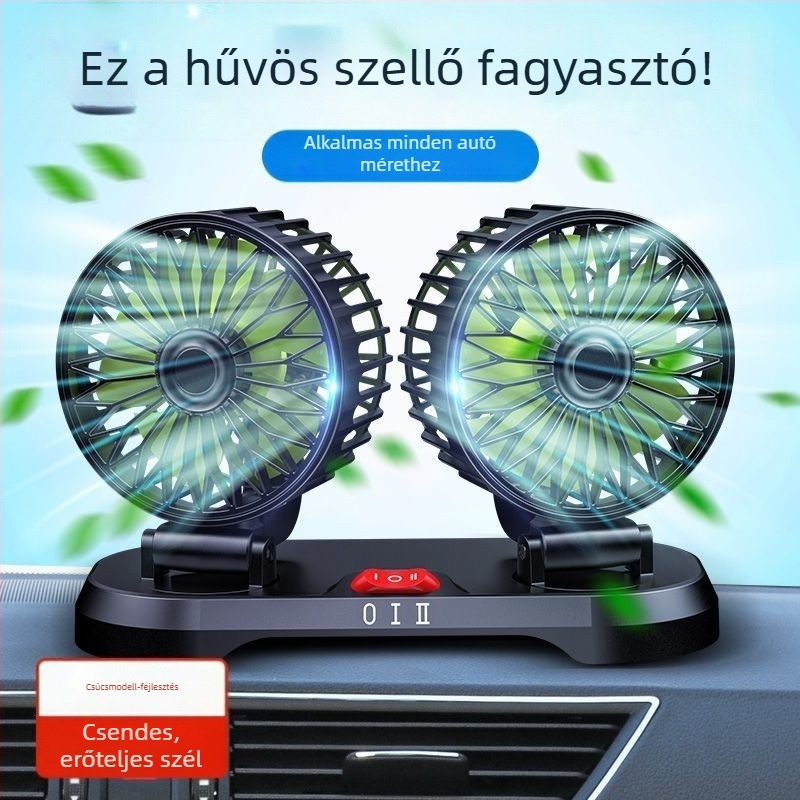 Kettős fejű autóventilátor, 12V vanokhoz, 24V teherautókhoz, USB hűtőventilátor