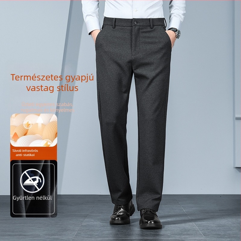 Férfiaknak készült egyenes szabású téli casual nadrág, elasztikus derekú, cipzáras zárás, fleece belsővel, vast poliészter anyag, középkorú férfiaknak