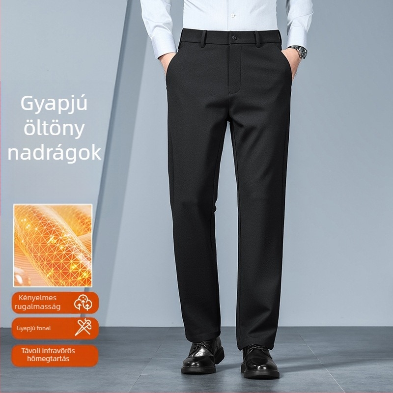 Férfiaknak készült egyenes szabású téli casual nadrág, elasztikus derekú, cipzáras zárás, fleece belsővel, vast poliészter anyag, középkorú férfiaknak
