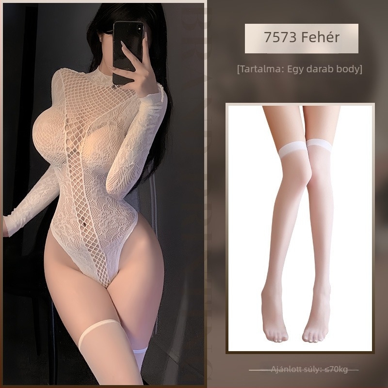 Feimu hálós jacquard hosszú ujjú body harisnyával – kivágott, erotikus fehérnemű