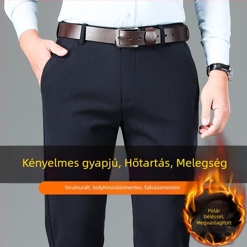 Férfi bélelt nadrág fleece bevonattal, meleg, magas derekú egyenes szabású téli nadrág