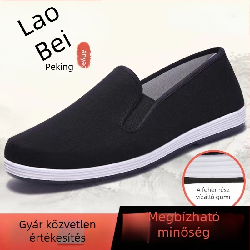 Férfi slip-on vászoncipő, Old Beijing stílus, kerek orrú, felsőrész pamutvászon, műanyag talp