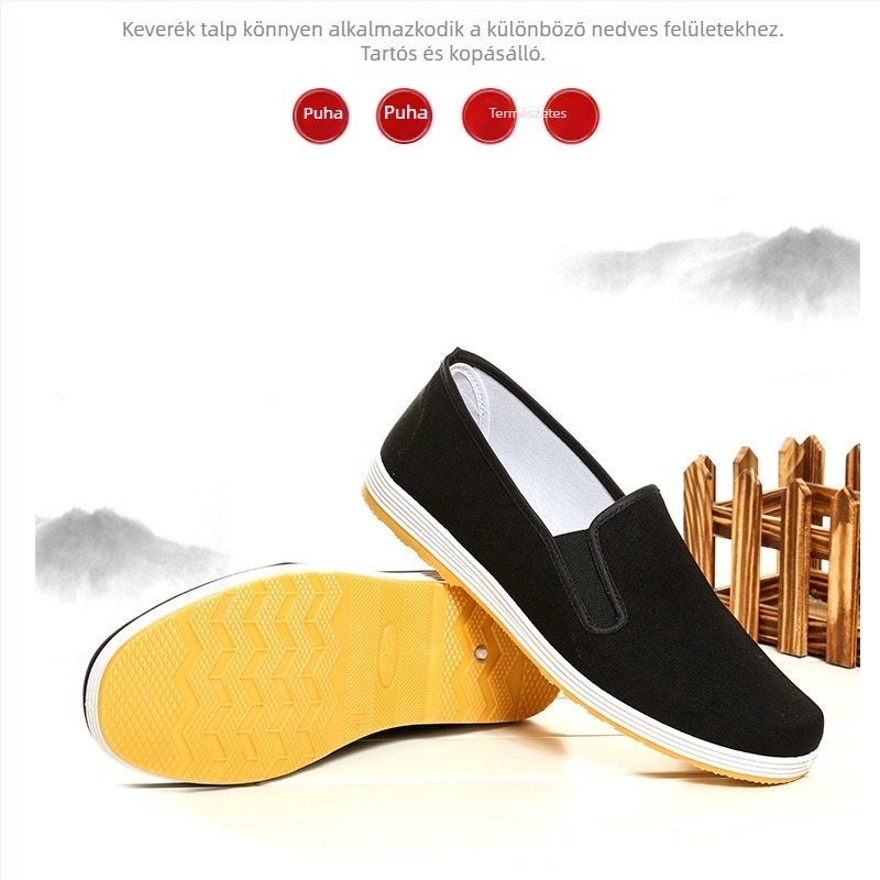 Férfi slip-on vászoncipő, Old Beijing stílus, kerek orrú, felsőrész pamutvászon, műanyag talp