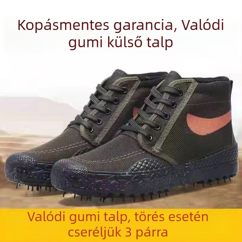 Magas szárú munkacipő építkezésre, vászon felsőrész, kerek orr, vulkanizált gumitalp, légáteresztő és kopásálló