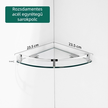 Háromszögletes üveges fürdőszobai polc, sarokba falra szerelhető, egy rétegű, polírozott felület, teherbírás 1–5 kg