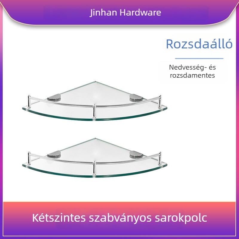 Háromszögletes üveges fürdőszobai polc, sarokba falra szerelhető, egy rétegű, polírozott felület, teherbírás 1–5 kg