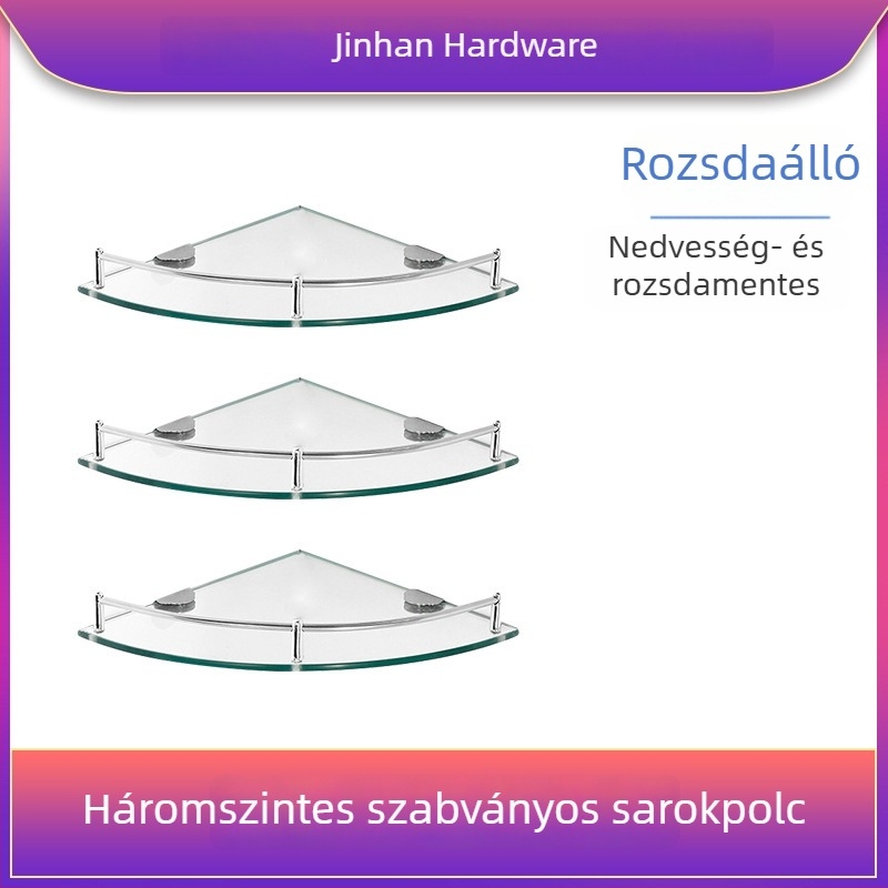 Háromszögletes üveges fürdőszobai polc, sarokba falra szerelhető, egy rétegű, polírozott felület, teherbírás 1–5 kg