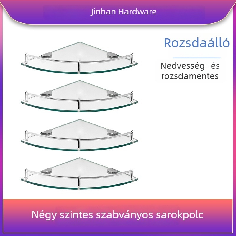 Háromszögletes üveges fürdőszobai polc, sarokba falra szerelhető, egy rétegű, polírozott felület, teherbírás 1–5 kg