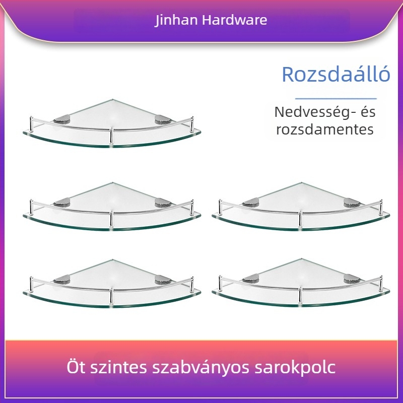 Háromszögletes üveges fürdőszobai polc, sarokba falra szerelhető, egy rétegű, polírozott felület, teherbírás 1–5 kg