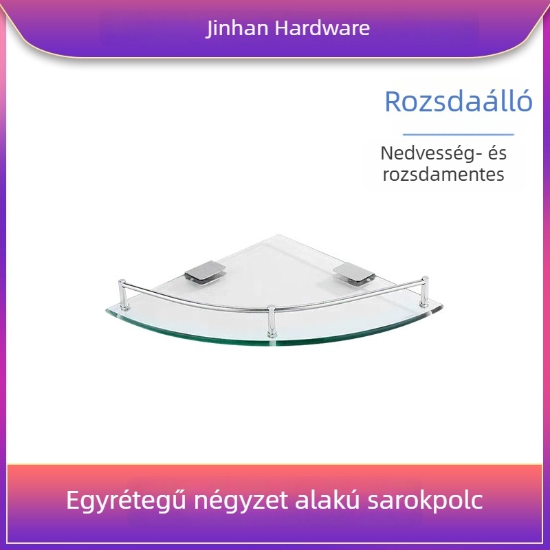 Háromszögletes üveges fürdőszobai polc, sarokba falra szerelhető, egy rétegű, polírozott felület, teherbírás 1–5 kg