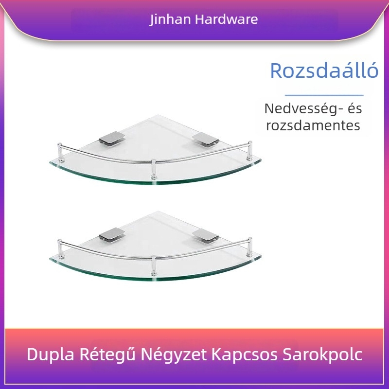 Háromszögletes üveges fürdőszobai polc, sarokba falra szerelhető, egy rétegű, polírozott felület, teherbírás 1–5 kg