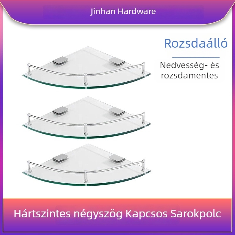 Háromszögletes üveges fürdőszobai polc, sarokba falra szerelhető, egy rétegű, polírozott felület, teherbírás 1–5 kg