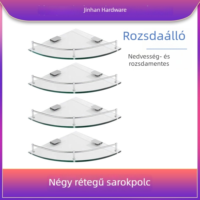 Háromszögletes üveges fürdőszobai polc, sarokba falra szerelhető, egy rétegű, polírozott felület, teherbírás 1–5 kg